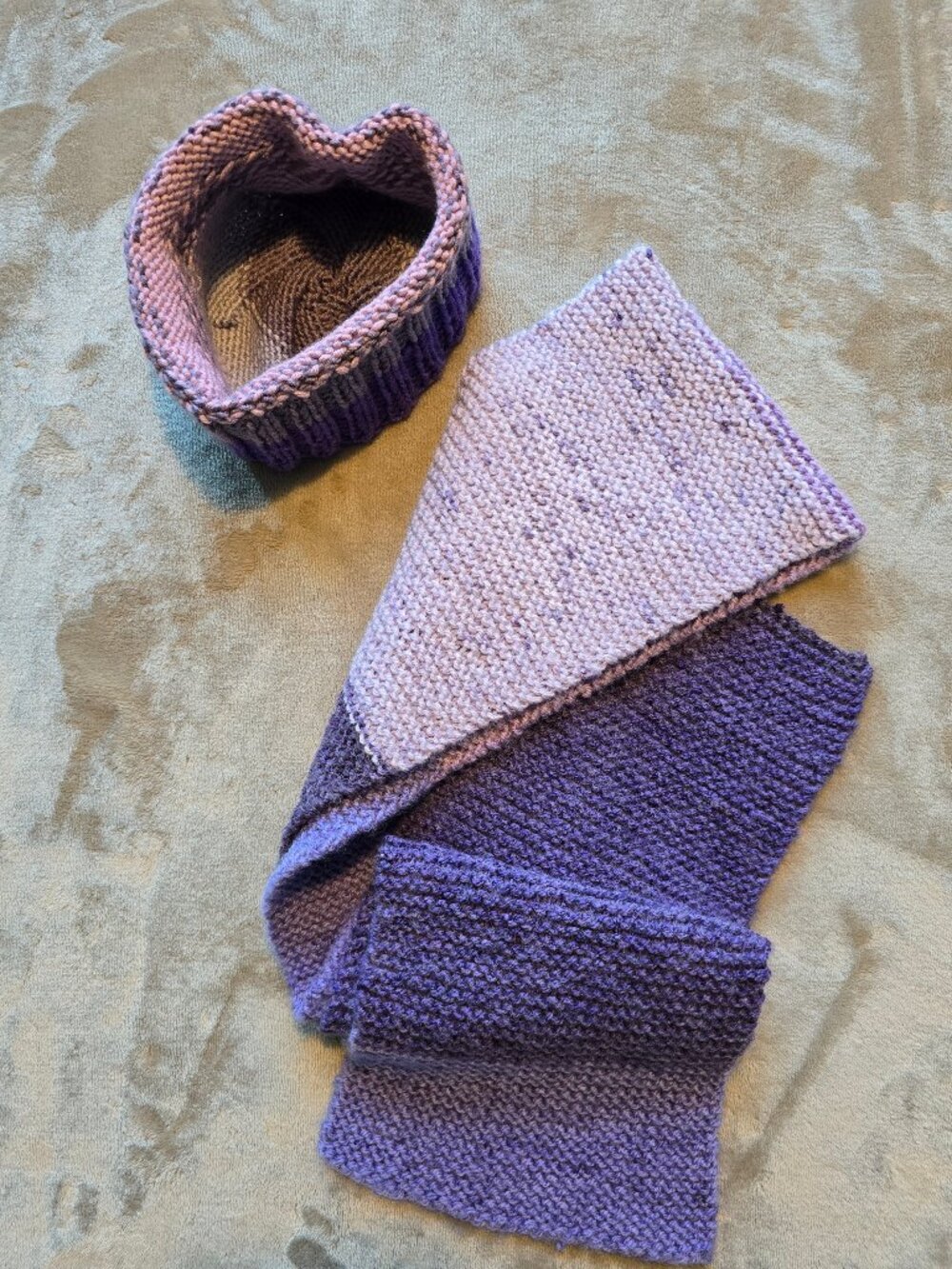 Handmade Purple Gradient Knit Scarf & Striped Beanie Matching Winter Set